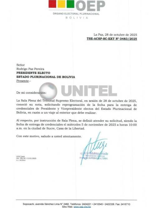 La carta que el TSE envió al presidente electo Rodrigo Paz. La carta que el TSE envió al presidente electo Rodrigo Paz.