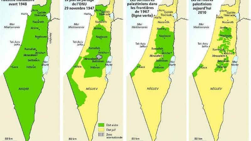 Mapas que muestran la evolución del territorio palestino (en verde), antes de 1948, en 1947 según el plan de la ONU, en 1967 y en 2010. Mapas que muestran la evolución del territorio palestino (en verde), antes de 1948, en 1947 según el plan de la ONU, en 1967 y en 2010.