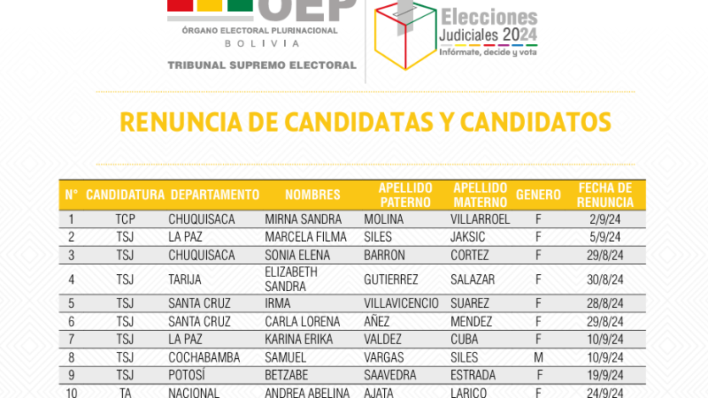 La nómina de los 11 postulantes que renunciaron a las judiciales. La nómina de los 11 postulantes que renunciaron a las judiciales.