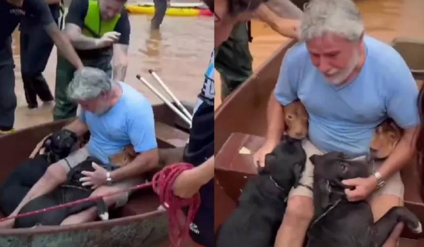 Hombre arriesga su vida por salvar a sus cuatro mascotas tras las inundaciones de Brasil