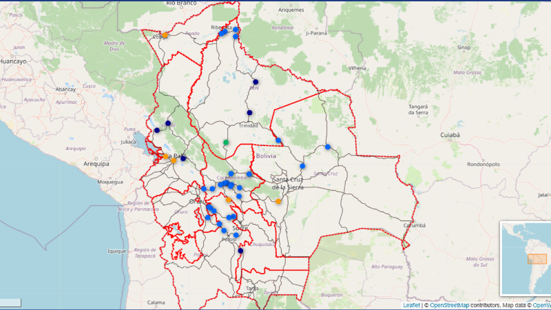 Los puntos en azul claro representan los bloqueos relacionados a las movilizaicones del evismo Los puntos en azul claro representan los bloqueos relacionados a las movilizaicones del evismo