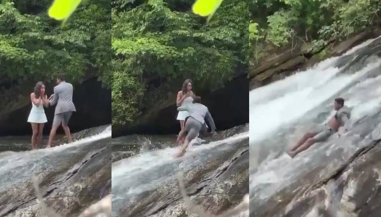 Propuesta de matrimonio sale mal: novio resbala y cae por una cascada con el anillo