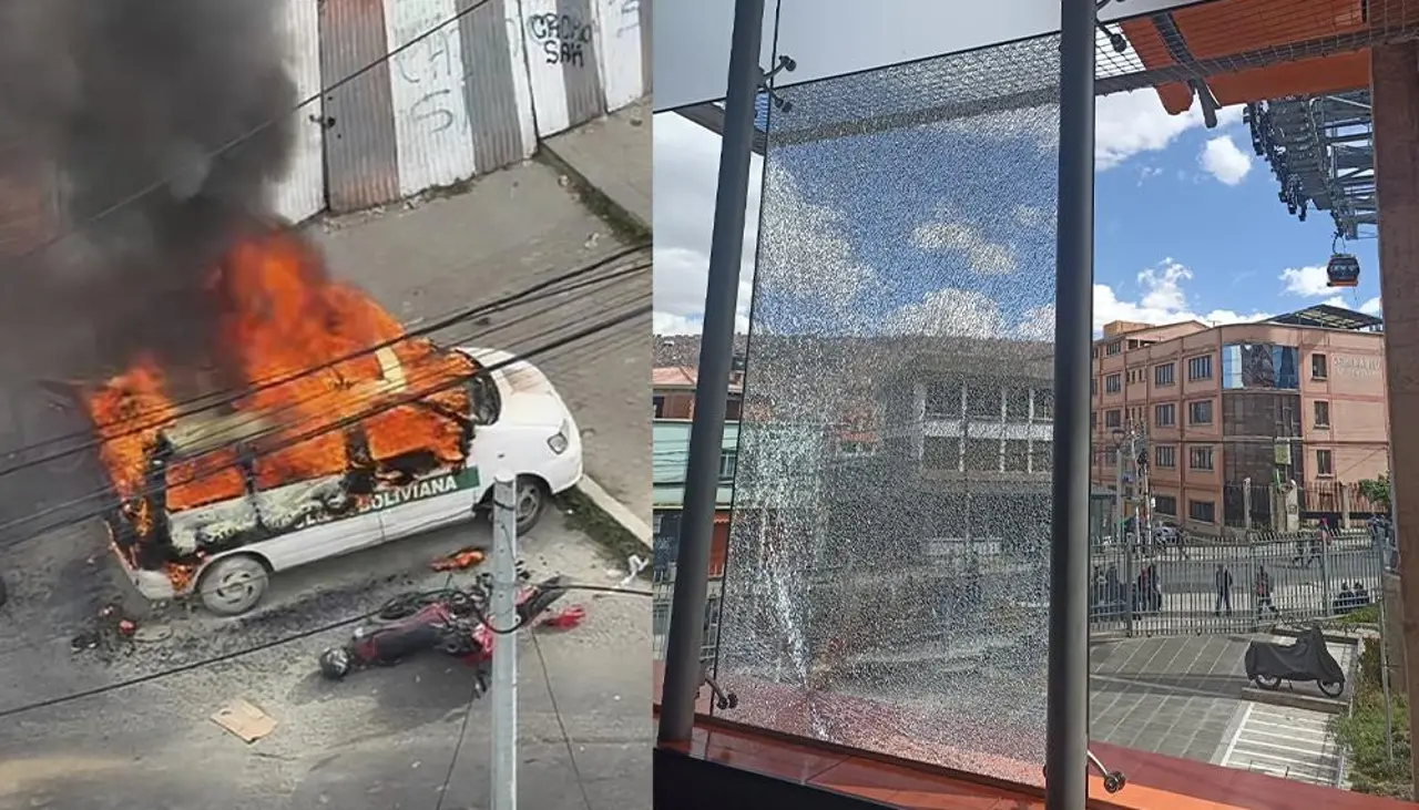 Vehículo policial fue quemado y denuncian daños a la Línea Naranja del Teleférico en medio de movilizaciones en La Paz