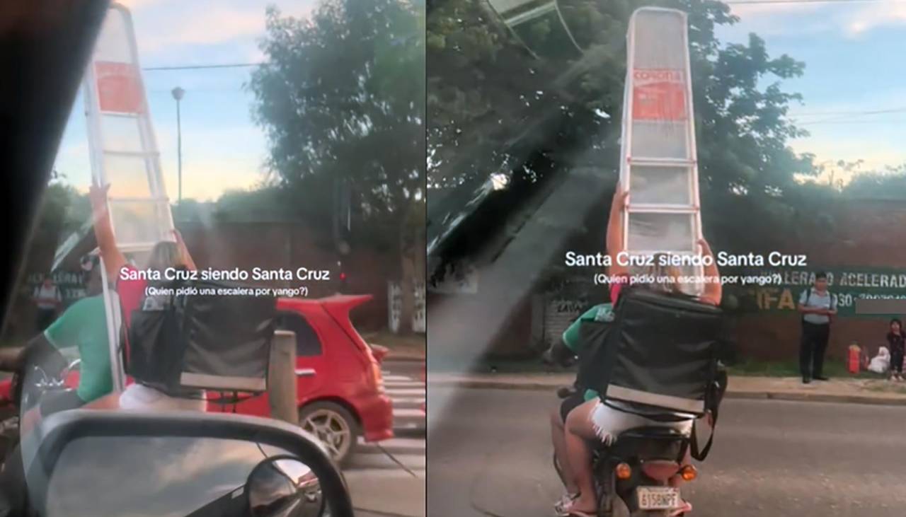 Video: una mujer es captada llevando una escalera de más de un metro sobre una moto en Santa Cruz 