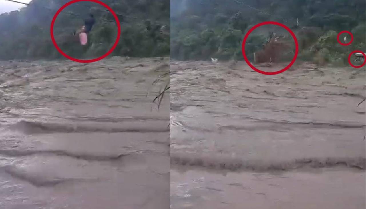 Video: hombre cae a un caudaloso río luego que una rama golpeara el cable con el que cruzaba