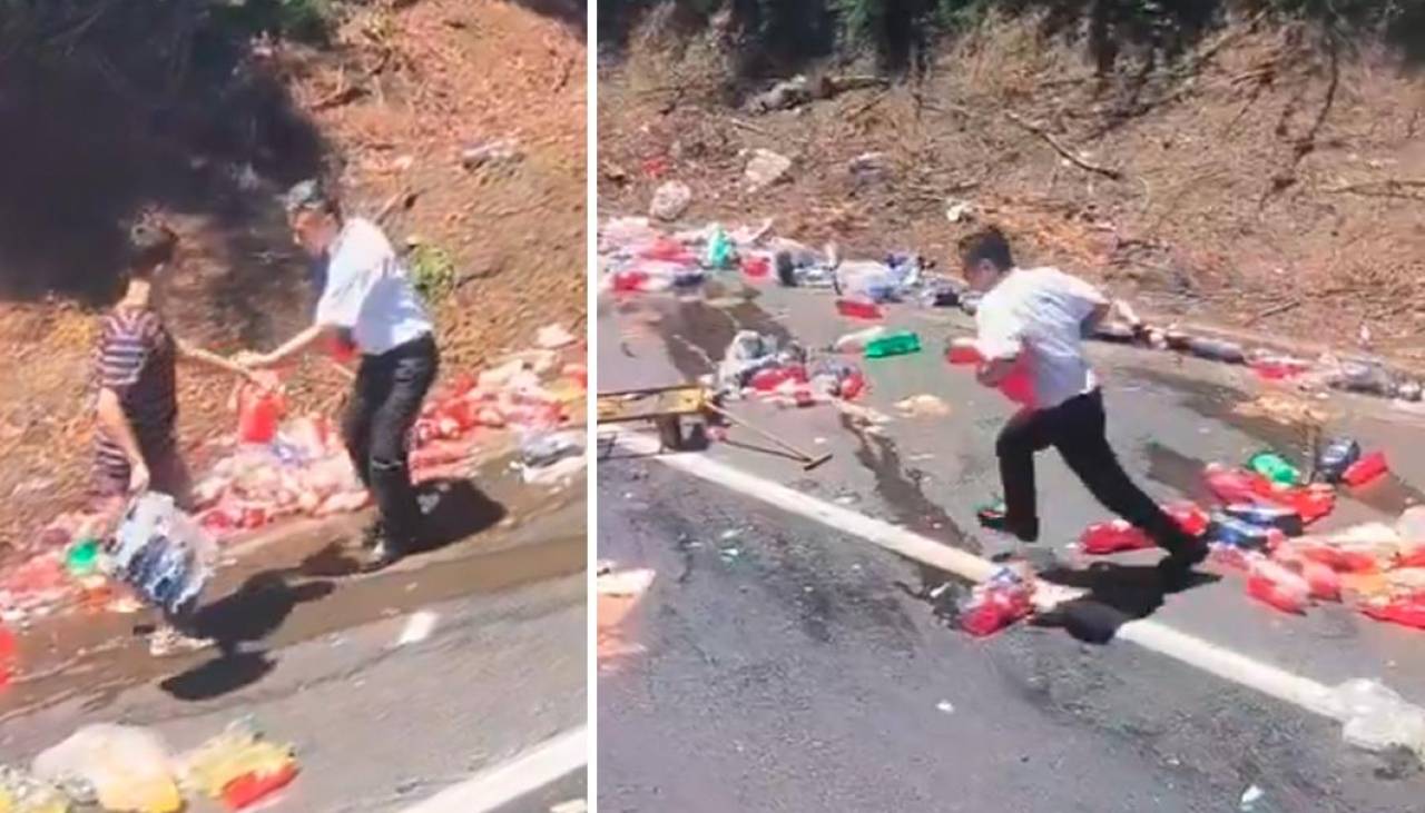 Video: Tremenda caída del conductor de bus al tratar de alzar bebidas de un camión volcado