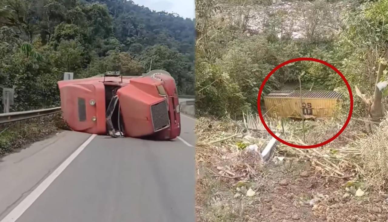 Camión vuelca en la ruta nueva Cochabamba – Santa Cruz, su contenedor se desprende y cae por un barranco