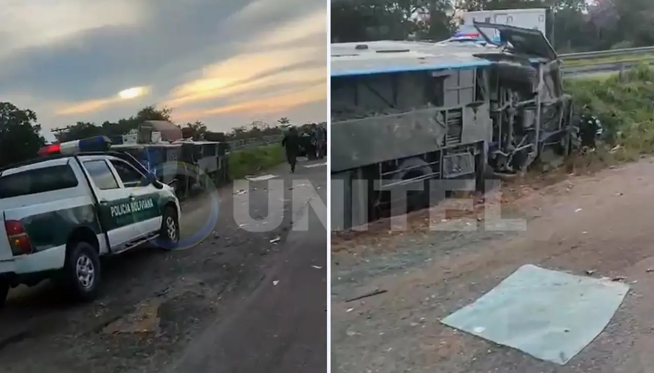 Accidente en carretera: Un bus vuelca en la ruta Cochabamba-Santa Cruz y deja varios heridos