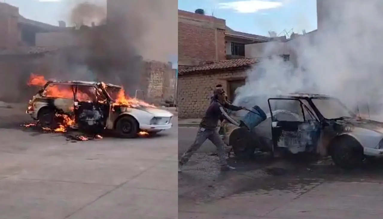 Video: Usando baldes, vecinos apagaron el incendio de un vehículo en plena calle en Cochabamba