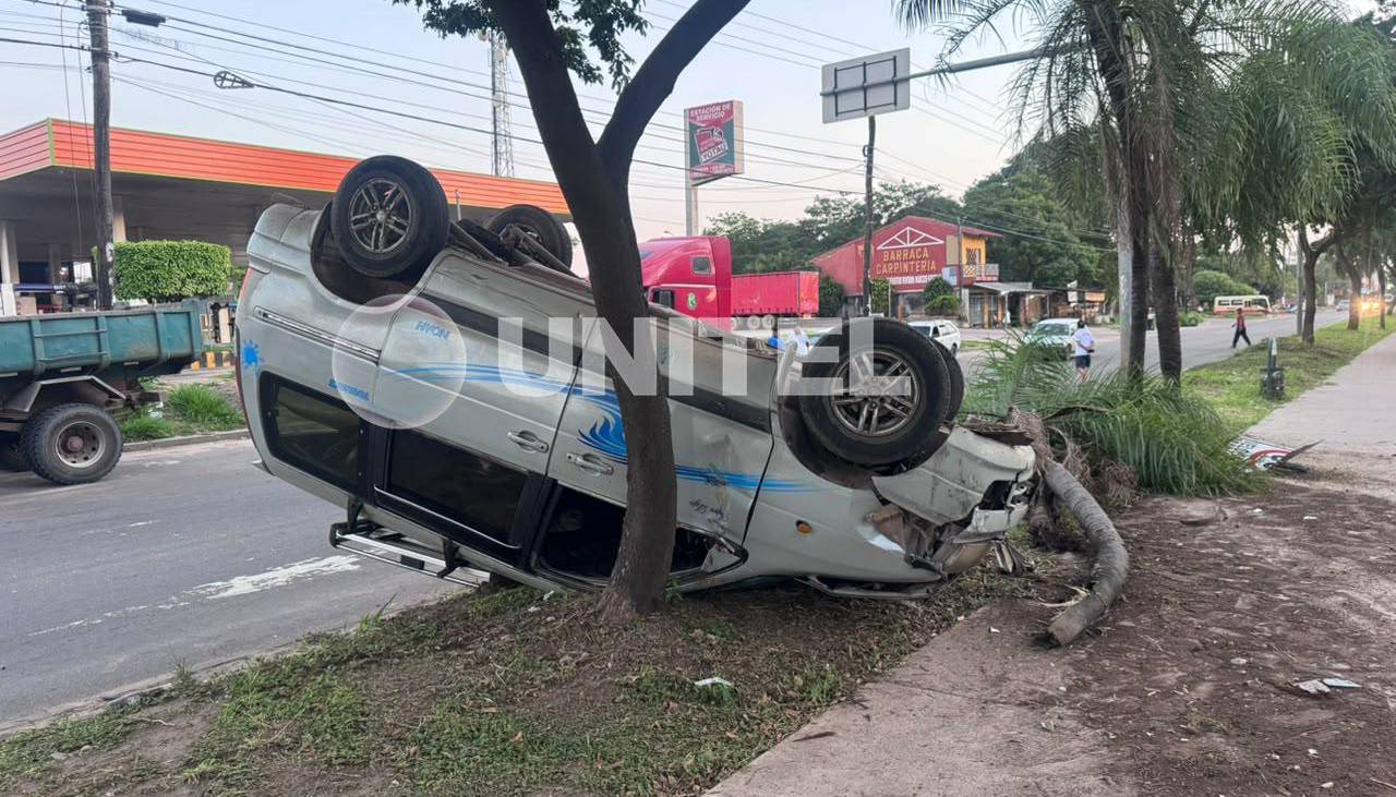 Vehículo queda volcado tras chocar contra una palmera; el conductor quedó herido