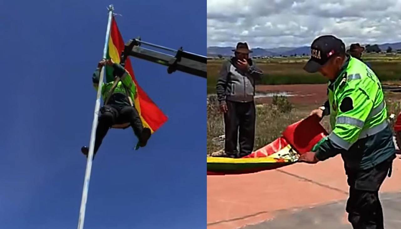 Retiran una bandera boliviana que fue izada en territorio peruano a orillas del Titicaca