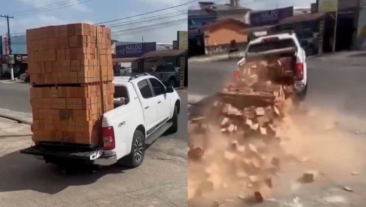 ¡Insólito! Hombre quiso ahorrar el flete y terminó con sus ladrillos tirados en la carretera