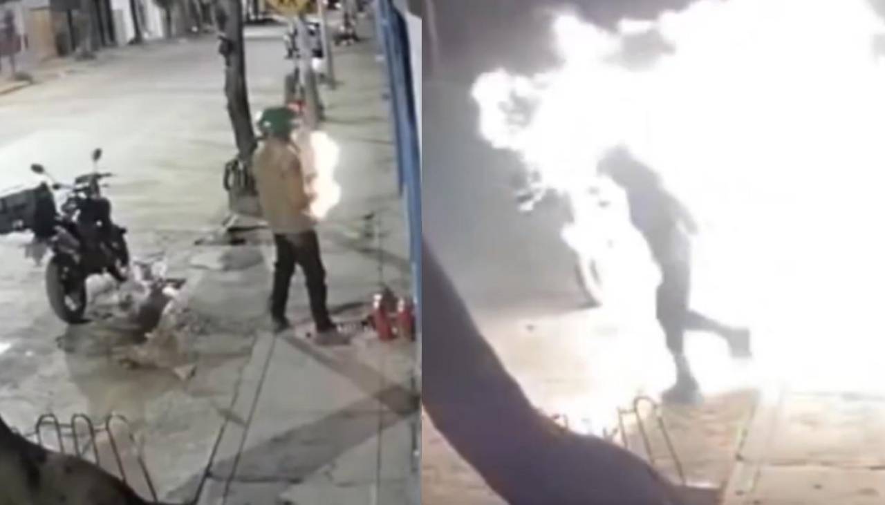 Video: Hombre termina envuelto en llamas tras intentar incendiar una tienda de motos