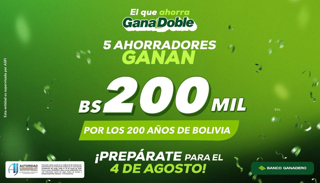 Banco Ganadero sorteará este lunes 4 de agosto cinco premios de Bs 200.000 con su cuenta GanaDoble
