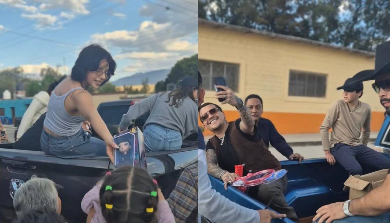 Ángela Aguilar y Christian Nodal sorprenden repartiendo juguetes en las calles por Navidad