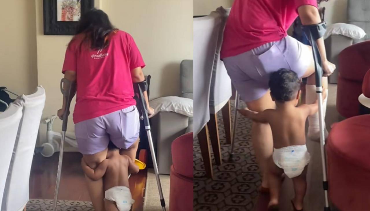 ¡Conmovedor! Niño intenta cargar a su madre con muletas para ayudarla a caminar