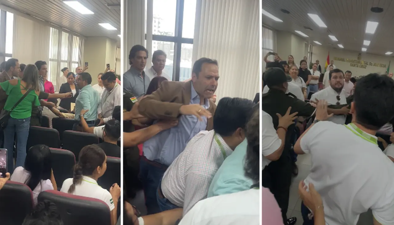 Video: Empujones y amagues de pelea entre cívicos cruceños y un fiscal en audiencia por los terrenos de la Fiscalía quemada