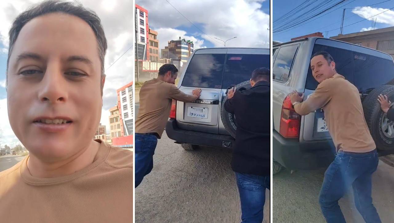 Lara se muestra empujando un vehículo oficial y dice que no funciona por la calidad de gasolina