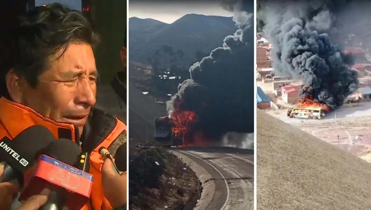 “Lo han dinamitado”: Entre lágrimas, chofer de bus quemado en Llallagua pide ayuda