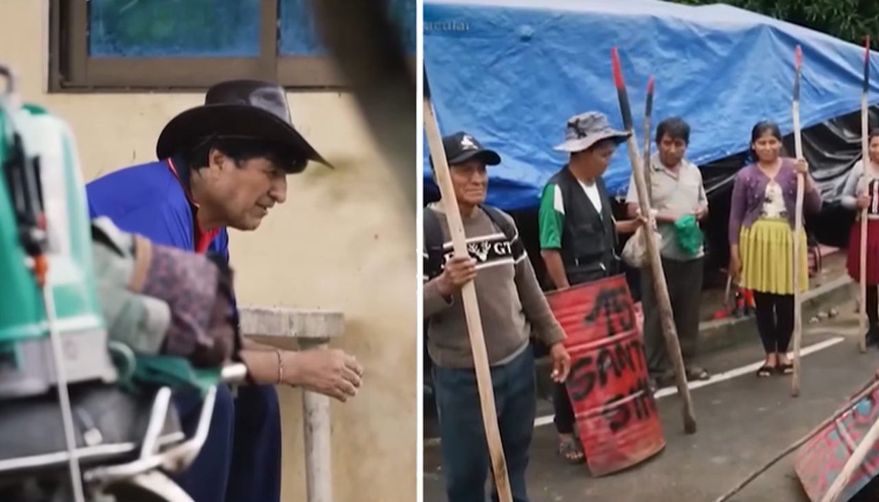 Escondido y resguardado por civiles con lanzas, así muestran a Evo Morales en el trópico