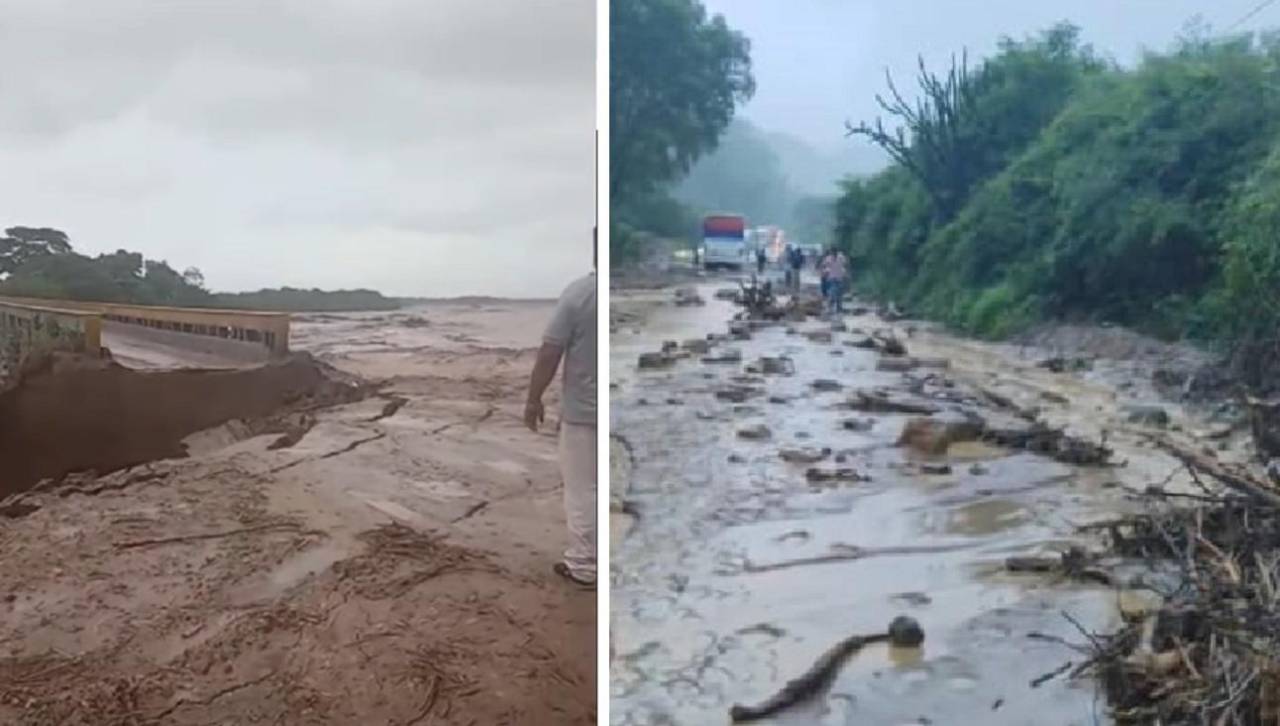 Torrencial lluvia provoca inundaciones, deja camiones varados y daños en en el acceso a un puente en Santa Cruz