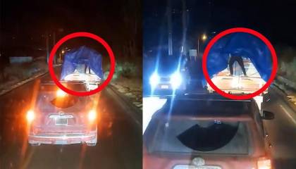 Video: captan a ‘paracaidista’ robando mercadería de un camión en movimiento en plena carretera
