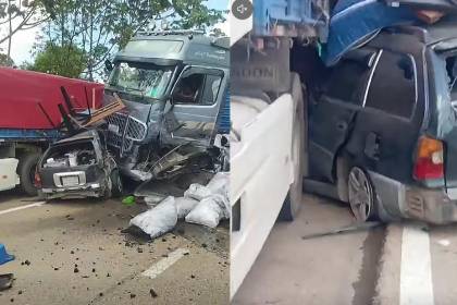 Una vagoneta tipo taxi terminó debajo de dos trailers en accidente en la vía Santa Cruz - Cochabamba