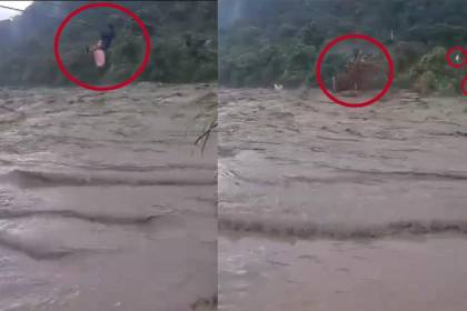 Video: hombre cae a un caudaloso río luego que una rama golpeara el cable con el que cruzaba