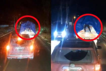 Video: captan a ‘paracaidista’ robando mercadería de un camión en movimiento en plena carretera