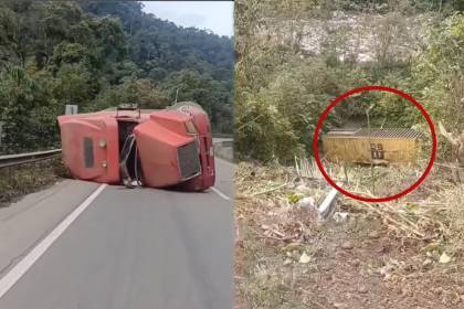 Camión vuelca en la ruta nueva Cochabamba – Santa Cruz, su contenedor se desprende y cae por un barranco