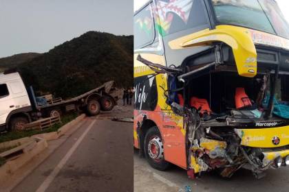 Aparatoso choque entre un bus y un camión en la ruta a los valles cruceños