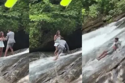 Propuesta de matrimonio sale mal: novio resbala y cae por una cascada con el anillo