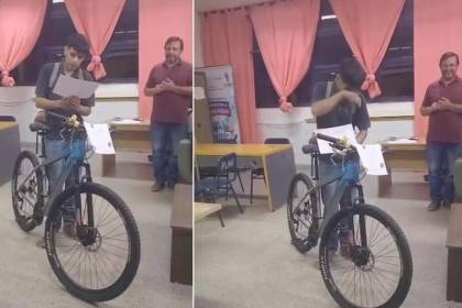La emotiva sorpresa que recibió un joven que recorría 16 km al día en bicicleta para llegar a clases