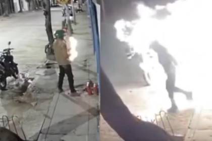 Video: Hombre termina envuelto en llamas tras intentar incendiar una tienda de motos