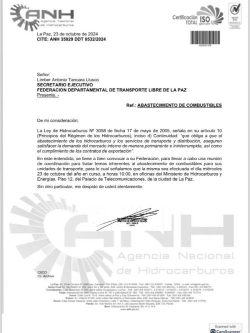 La carta enviada por la ANH a la dirigencia de los choferes.