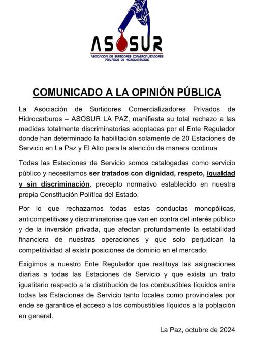 El comunicado que publicó Asosur este lunes.