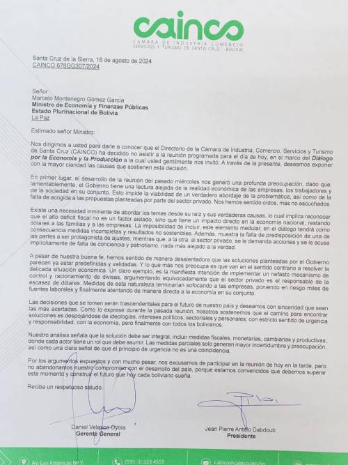 La carta enviada por la Cainco al Gobierno. 