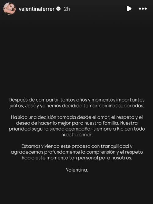 Mensaje de Valentina Ferrer en su historia de Instagram