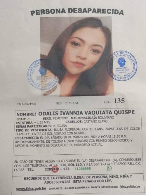 Cualquier información de Odalis Vaquiata debe ser informada a la Policía. 