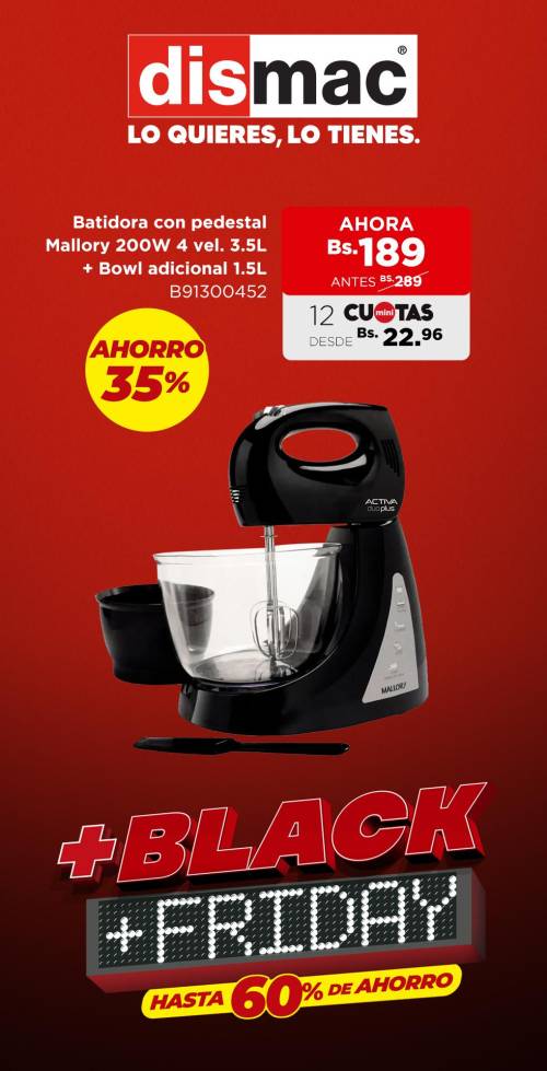 Dismac: Batidora con pedestal Mallory 200W 4 velocidades 3.5L + Bowl adicional 1.5L