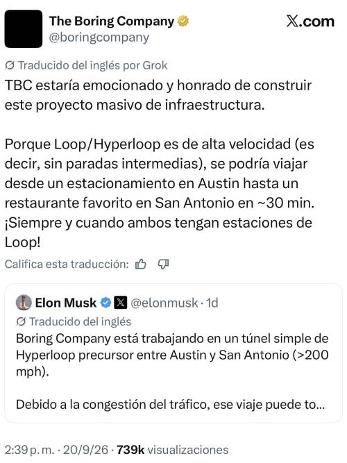 The Boring Company y Elon Musk en X hablando sobre el Hyperloop