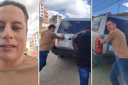 Lara se muestra empujando un vehículo oficial y dice que no funciona por la calidad de gasolina