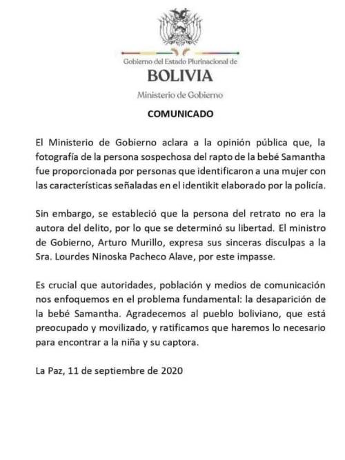 El comunicado se publicó en 2020 por el Ministerio de Gobierno. 