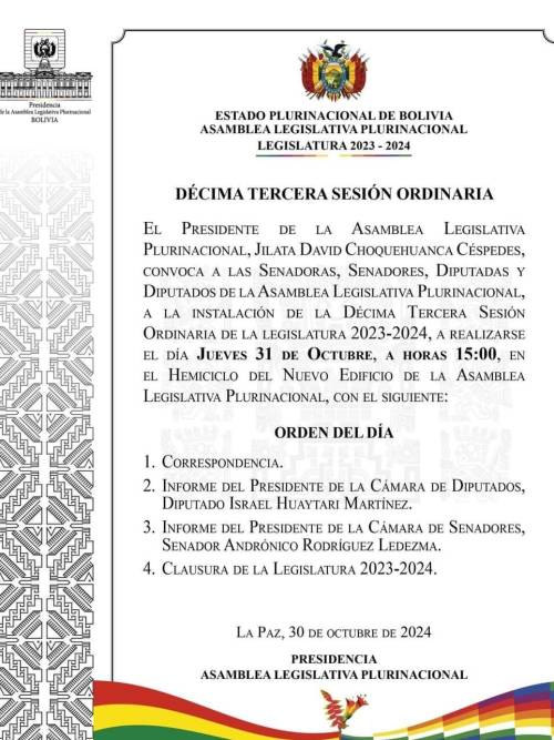 La convocatoria a la sesión del pleno del Legislativo de este jueves. 