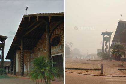 Fotos muestran cómo el humo rodea a la catedral de Concepción, uno de los íconos de las Misiones Jesuíticas 