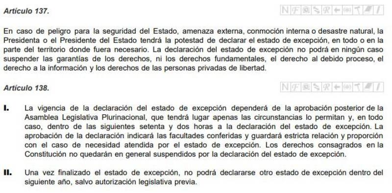 Lo que señala la CPE sobre la declaratoria de estado de excepción