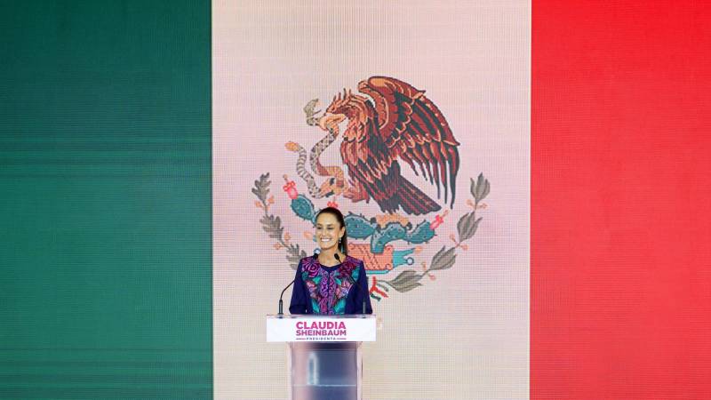 Mexico's presidential candidate for Morena party Claudia Sheinbaum celebrates following the results of the general election in Mexico City, on June 3, 2024. - Claudia Sheinbaum was set to be elected Mexico's first woman president, exit polls showed, a milestone in a country with a history of gender-based violence. (Photo by Gerardo Luna / AFP)