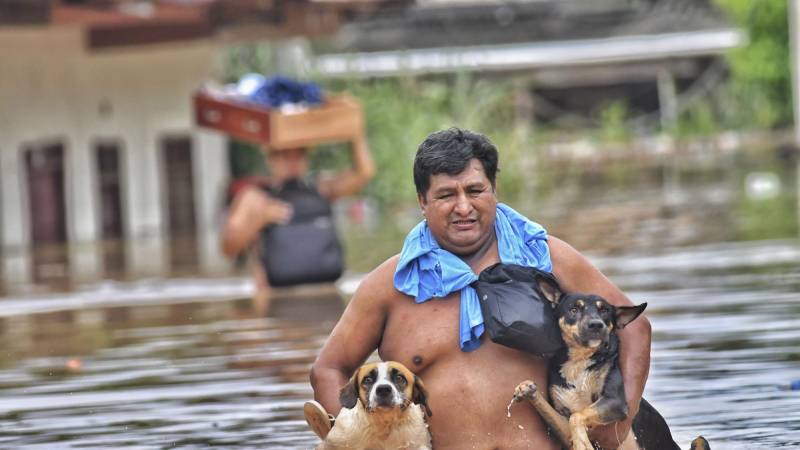 Una persona saca a sus mascotas de su vivienda inundada.