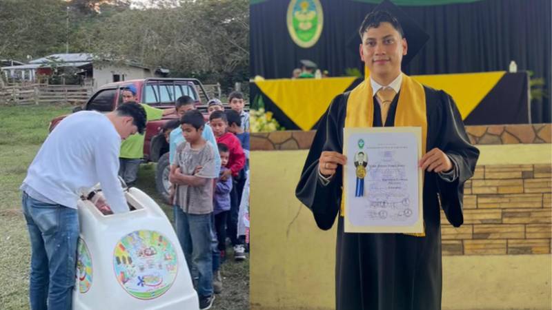 Fabricio vendiendo helados a un grupo de niños 