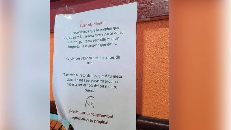 Un restaurante dejó un mensaje a sus clientes para que paguen propina